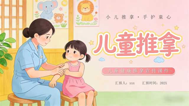 粉色卡通风儿童推拿健康PPT模版